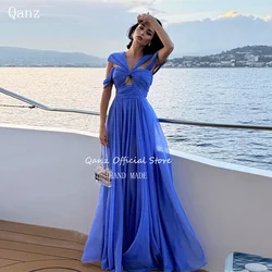 Qanz Customized Silk Chiffon Evening Dresses Long A Line Blue Vestidos De Fiestas Elegantes Mujer Dresses for Special Occasions