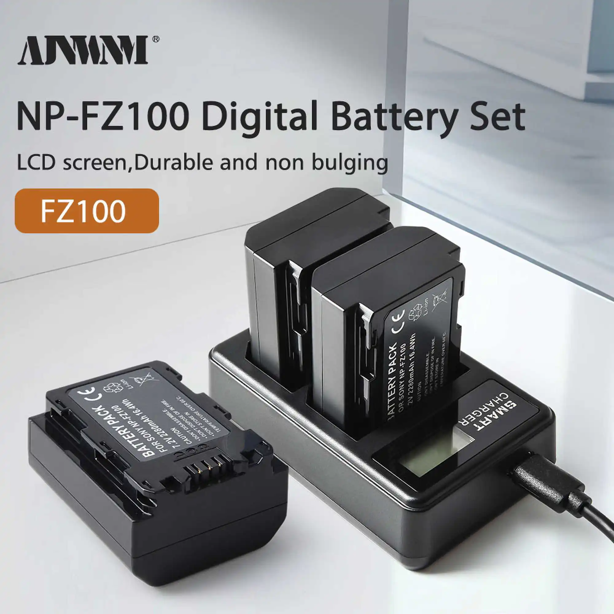 2280mAh NP-FZ100 NPFZ100 NP FZ100 Battery + LCD Three Channel Charger for Sony ZV-E1 FX3, FX30, A1, A9, A9 II, A7R IV, A7S III