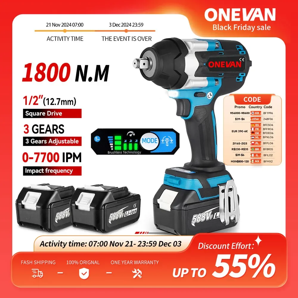 ONEVAN 1800N.M Torque Brushless Electric Impact Wrench 1/2 inch Screwdriver Cordless Wrench Power Tools For Makita 18V Battery