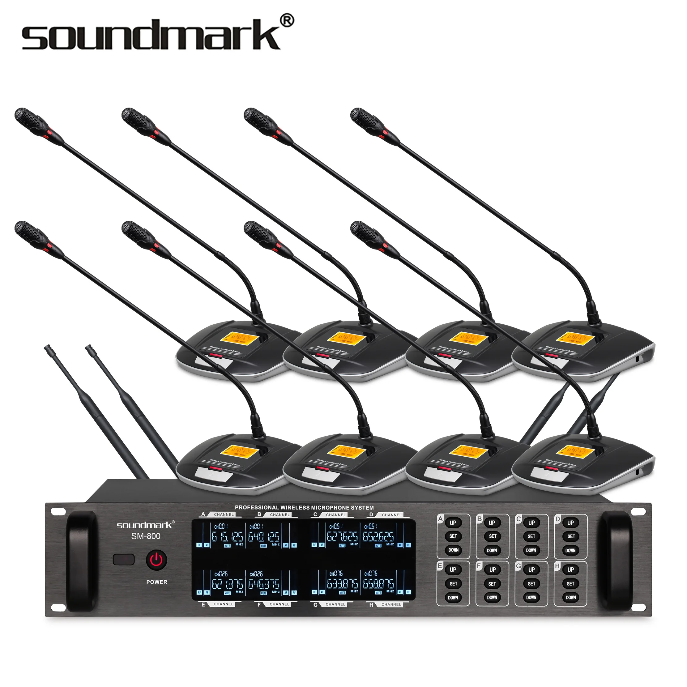 SM-800 Medium-sized Meeting Rooms 8-Channel Conference Table Microphone System Handheld Microphones Black 2 AA Batteries