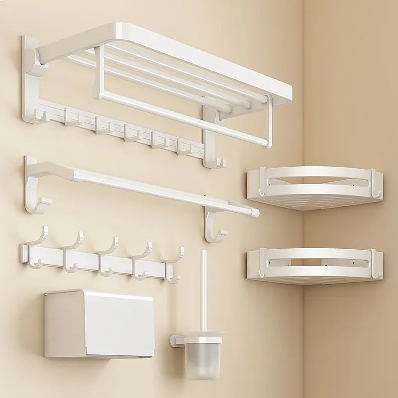 

White Towel Rack No Drilling Bathroom Wall Mounted Storage Shelf Set