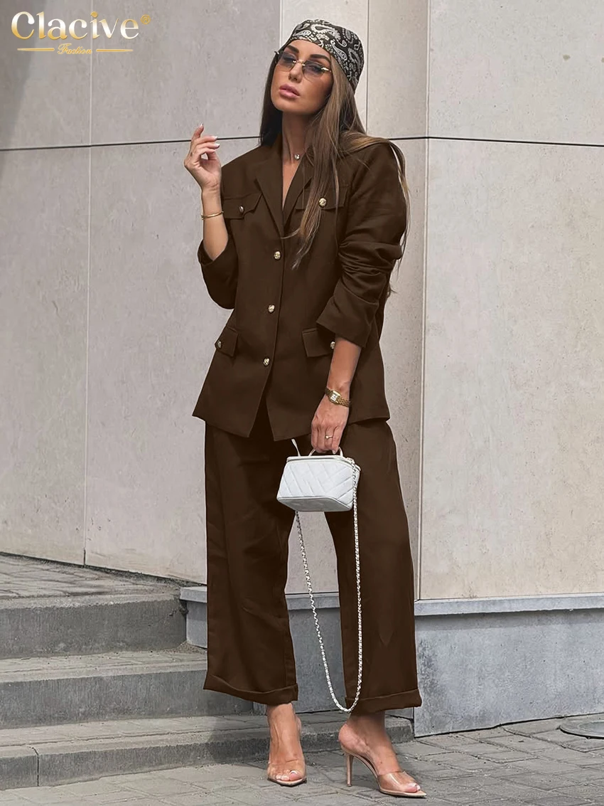

Clacive Fashion Loose Brown Cotton Women's Two Pieces Set 2025 Elegant Long Sleeve Blazer With High Waist Pants Set Female