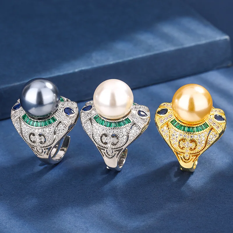 Copper Electroplated Gold Fashion Jewelry Imitation Pearl Fashion Inlaid Diamond Elegant Luxury Ring14mm