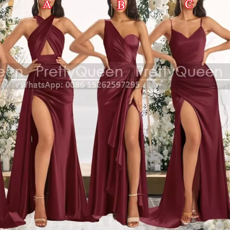 Customized Long Bridesmaid Dresses High Split Waistline Cap Burgundy Pleat Mermaid Women Trumpet Sheath Wedding Party Dress