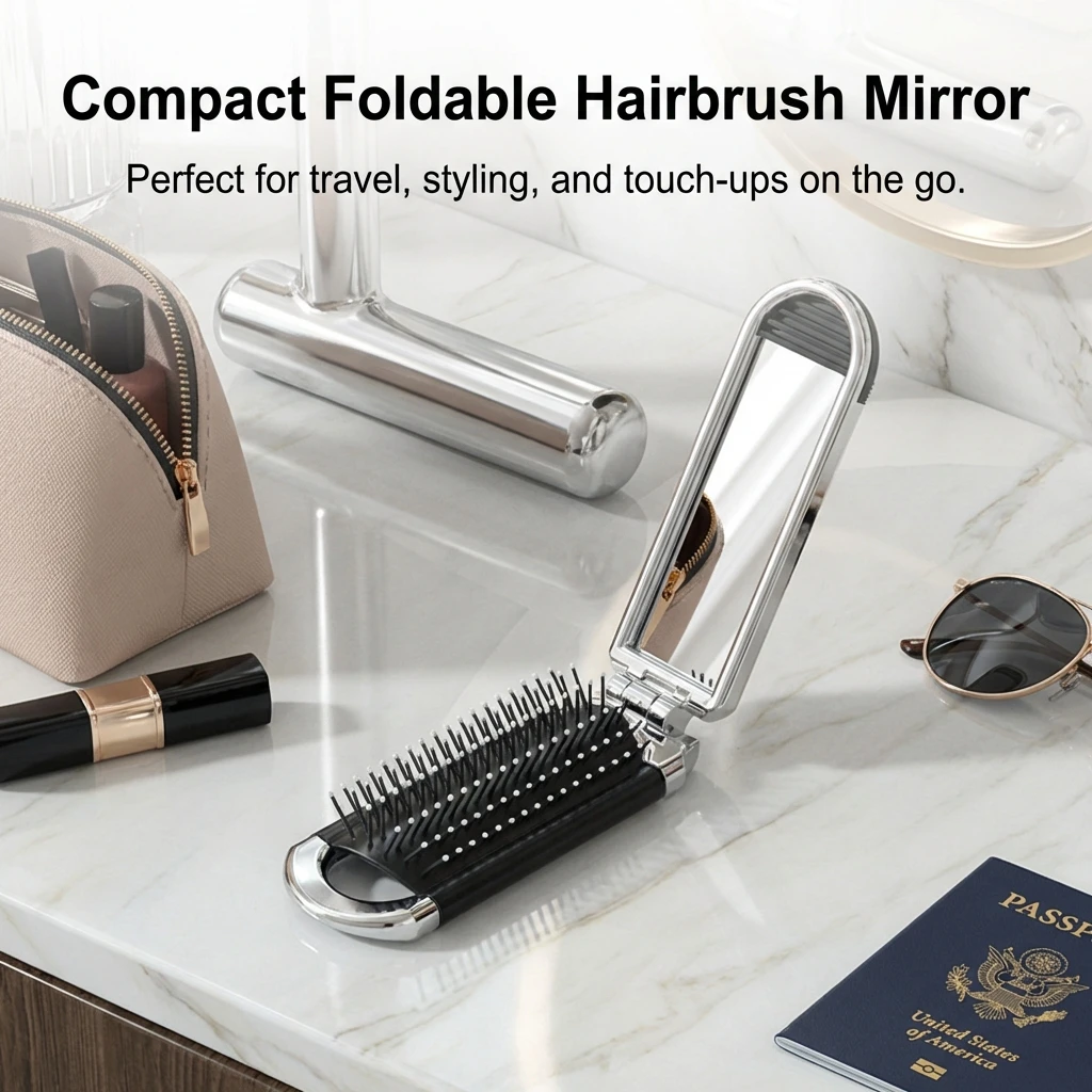 

1pc Portable Foldable Mirrors with Hair Comb With Cushion Massage Comb And Mirror For Women Travel Makeup Mirrors Pocket Comb