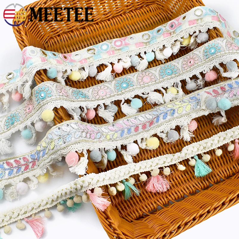 1/3Meter Meetee Ethnic Embroidered Jacquard Tassel Hairball Lace Ribbon Trim DIY Craft Hometextile Cloth Decoration Accessories