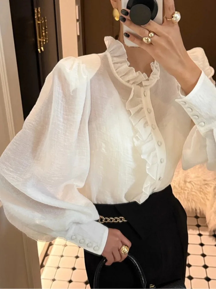 Retro Splicing Earlet Lace Bubble Sleeve Shirt Women's Summer New Texture Versatile Sun Protection Top Commute Style Long Sle...