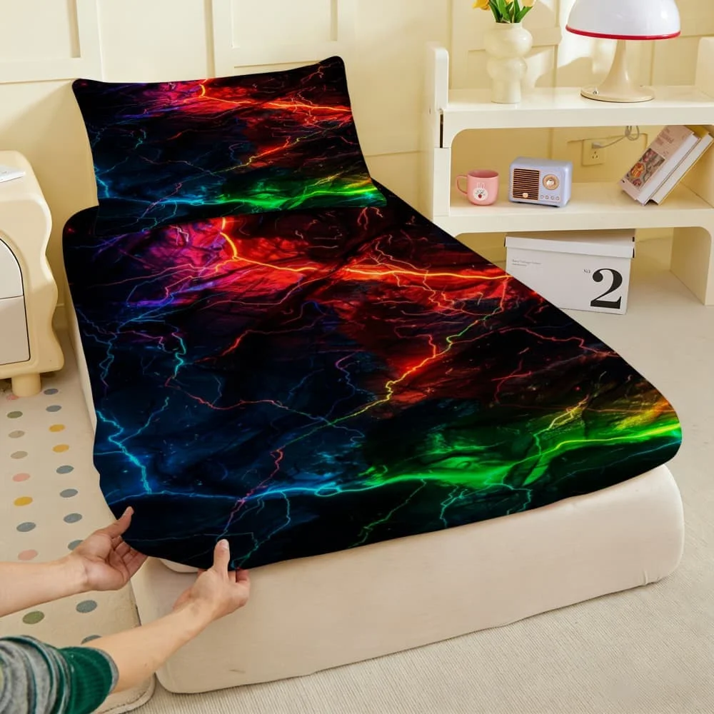 1pc Colorful Lightning Thunder Storm Fitted Sheet Deep Pocket Elastic Mattress Cover Single Double Queen King Bedroom Decor