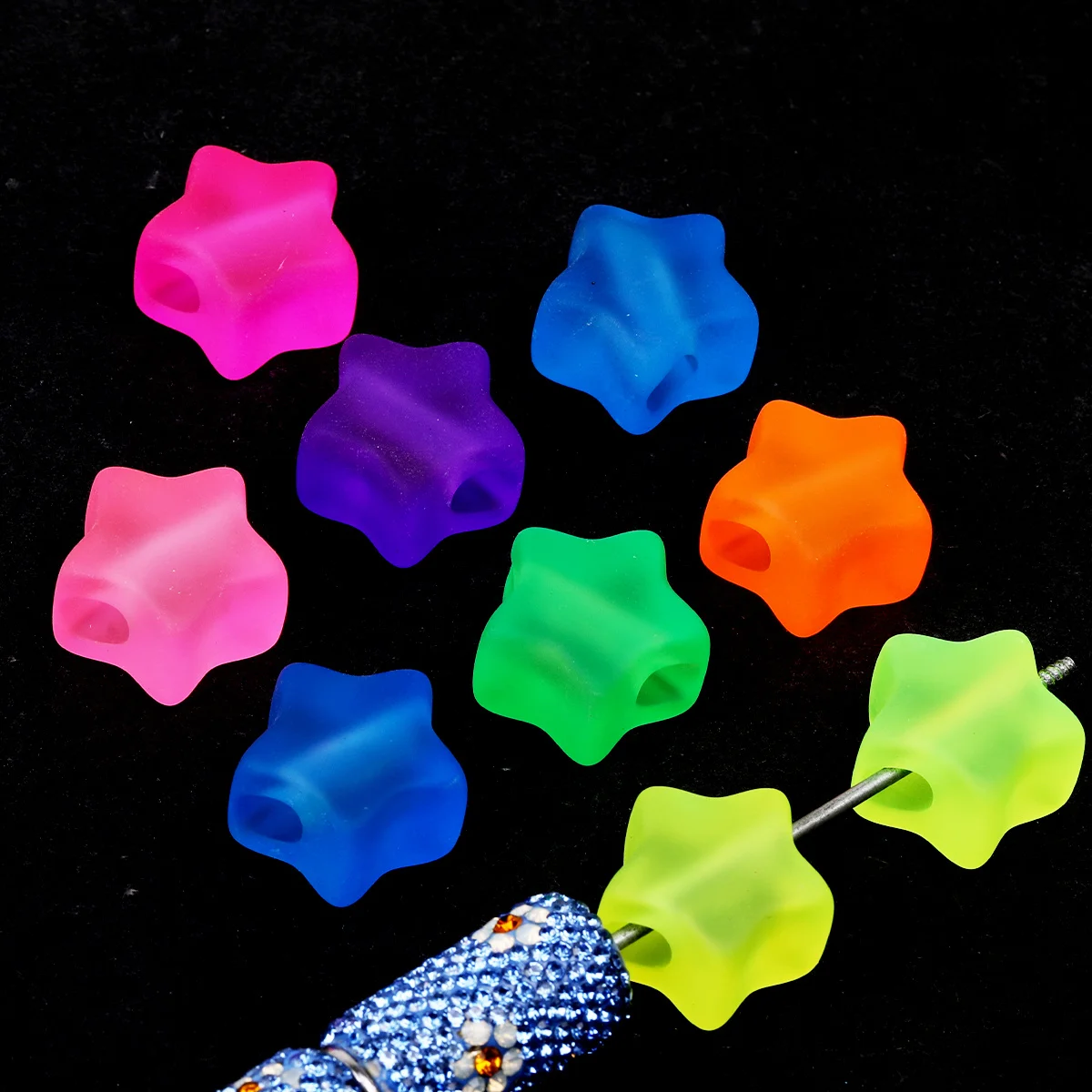 10pcs Random Color Frosted Star Acrylic Beads, 22mm Neon Translucent Loose Beads, Cute Five-Pointed Star Spacer Beads