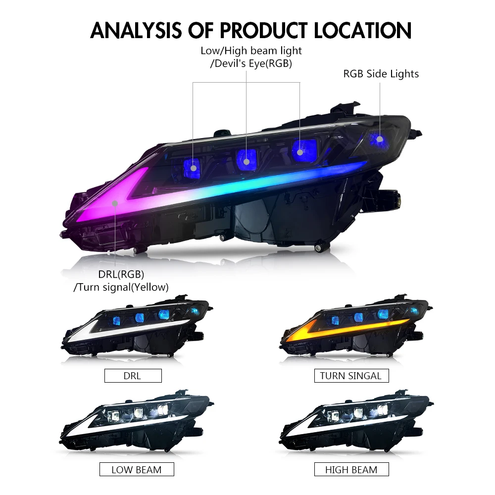 زوج العارض عدسة DRL RGB تشغيل ضوء LED مجموعة مصابيح أمامية لتويوتا كامري 2018 2019 2020 2021 2022 2023