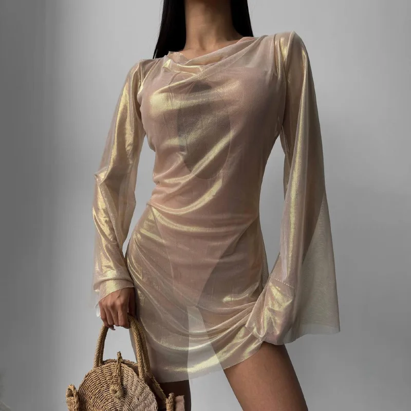New Mesh Stamping Fashion See-through Micro Flare Long Sleeve Women's Sexy Dresses Sehe Fashion