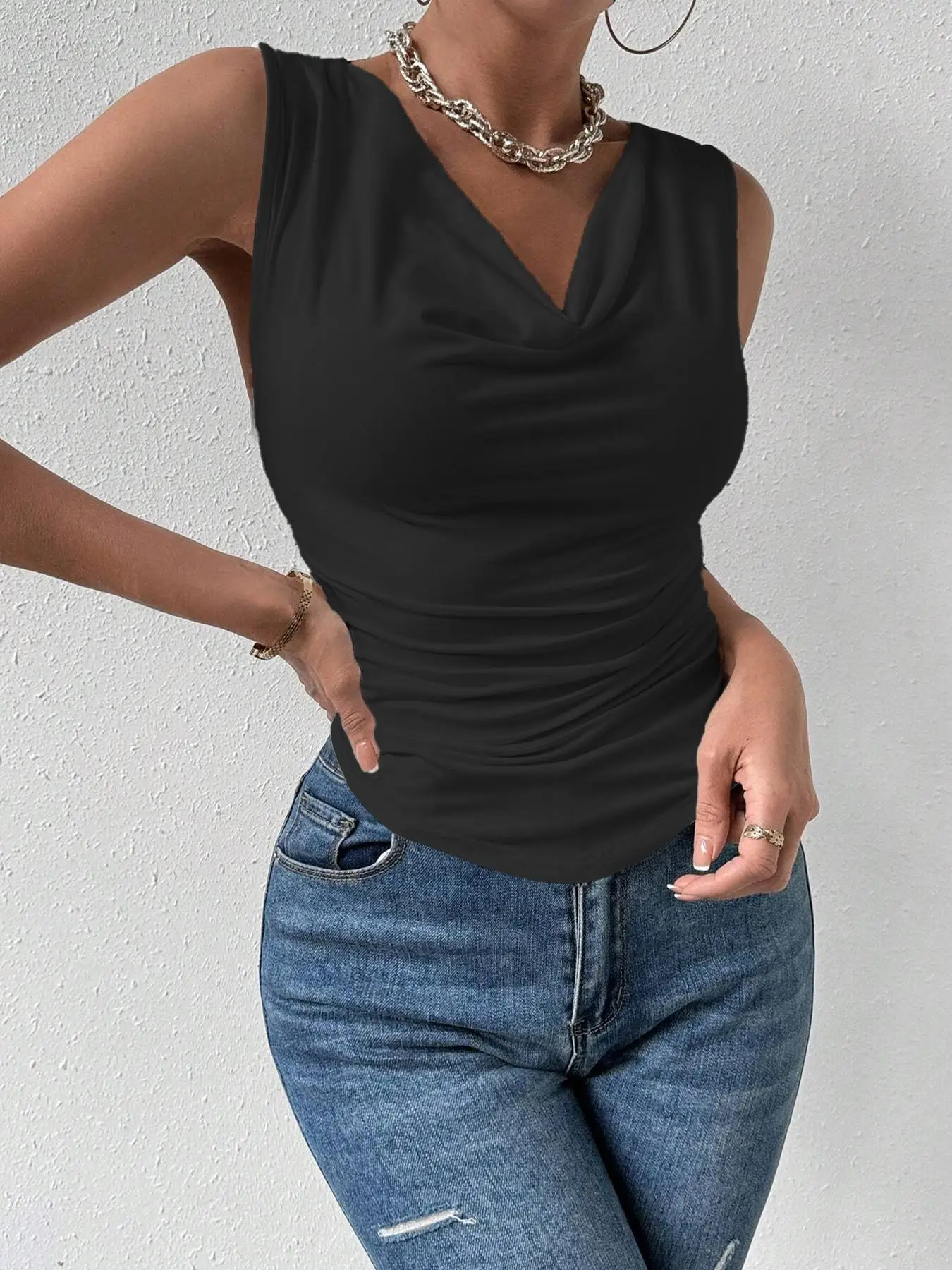 Elegant European-Style Women's Pure Color Sleeveless Pleated Top Wooden-Ear Design Sexy Versatile Fashion for Ladies