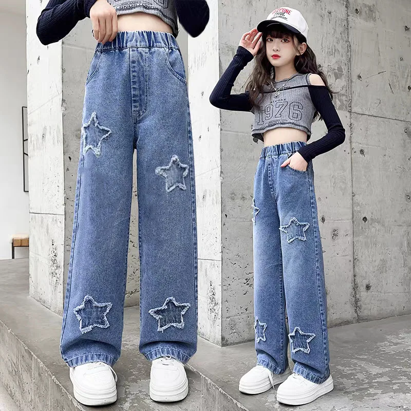 Girls Jeans Spring/Autumn New Paste Cloth Five-pointed Star Wide Leg Pants Kids Trendy Teenage Children\'s Trousers 3-12 Year old