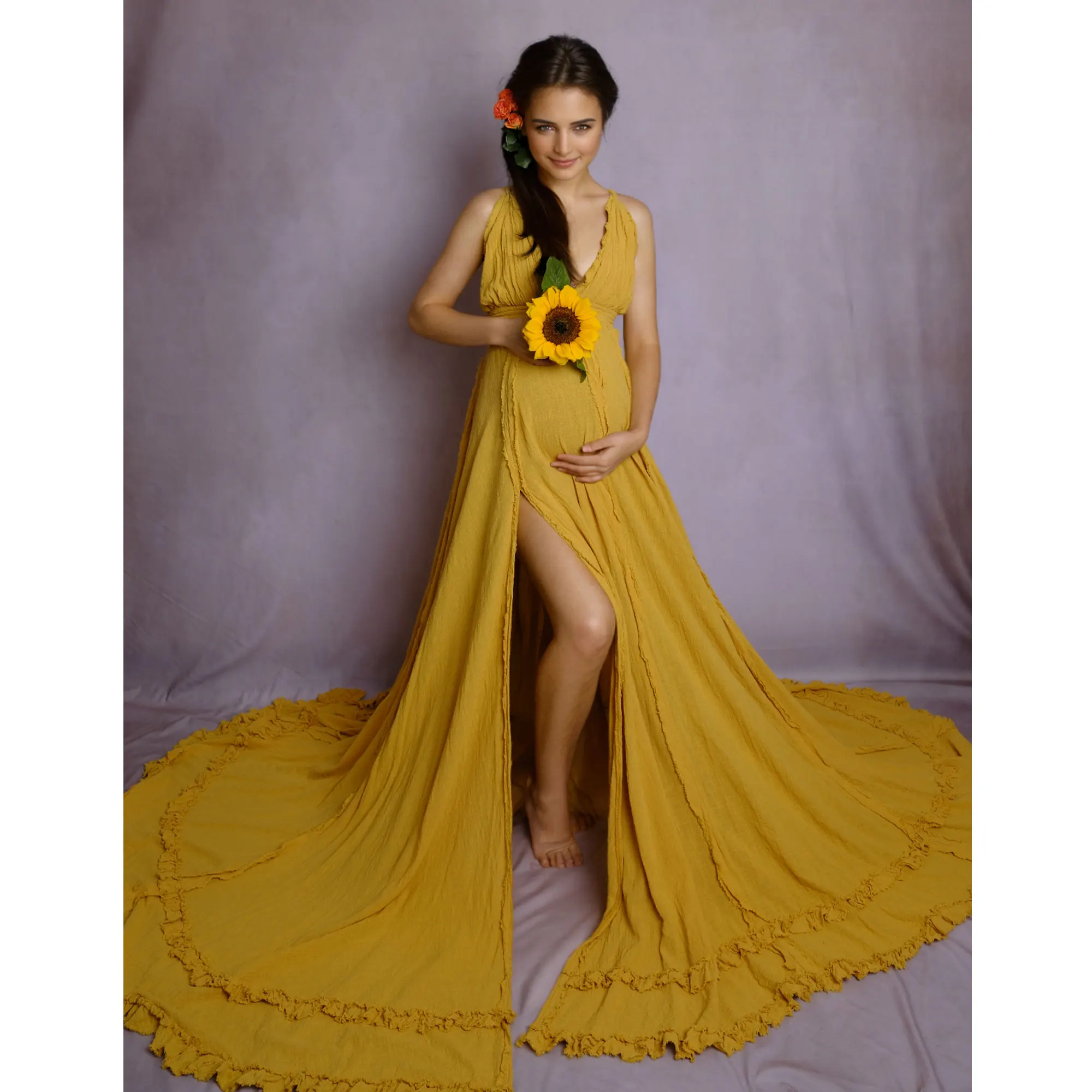 Don&Judy Bohemian Maternity Evening Gown with Fringe Trim Round Train Deep V Neck Sleeveless Maxi Dress for Baby Shower Photo