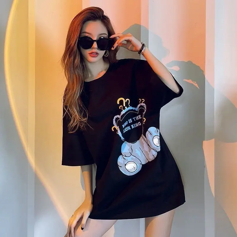 

Large Size Women Clothing Cartoon Printed Short Sleeve T-shirt Summer Loose O-neck Pure Cotton Casual Top Tee
