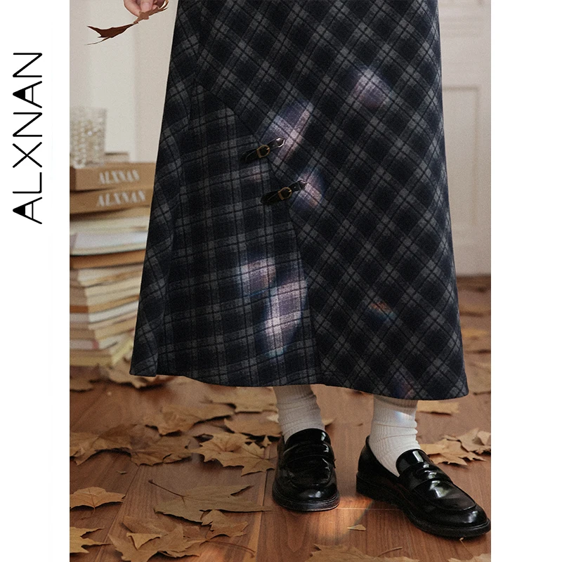 ALXNAN jupe à carreaux automne hiver rétro boutons en métal grand ourlet taille haute jupes élégance doux polyvalent vêtements pour femmes L58628