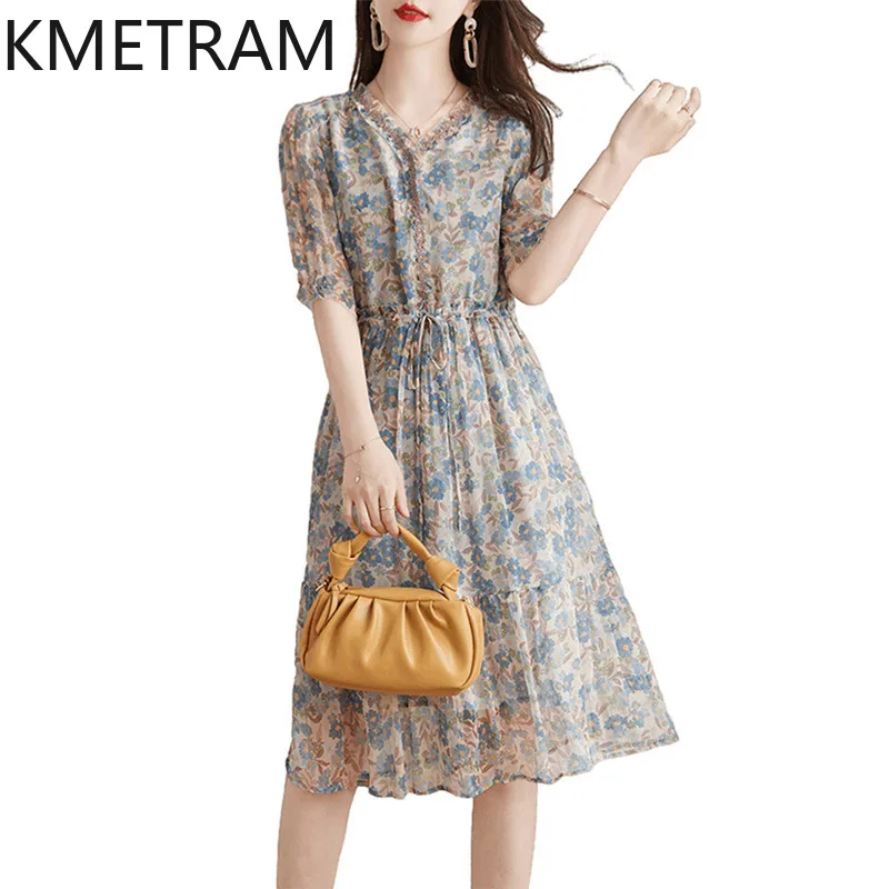 

KMETRAM Mulberry Silk French Tea Break Dresses New in 2024 High-end Floral Dress for Women Summer Waist Small A-line Skirt