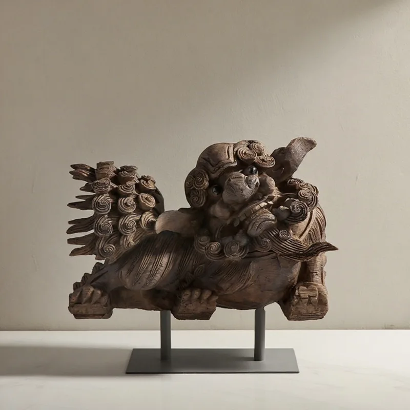 New Chinese unicorn lion imitation wood wabi-**** wind ornament model room study living room soft decoration Oriental creativity