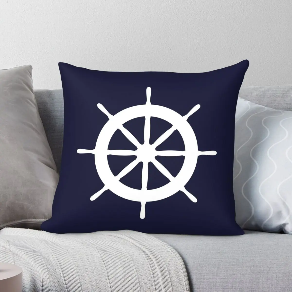 White Ship Steering Wheel Square Pillowcase Polyester Linen Velvet Printed Zip Decor Pillow Case Room Cushion Cover