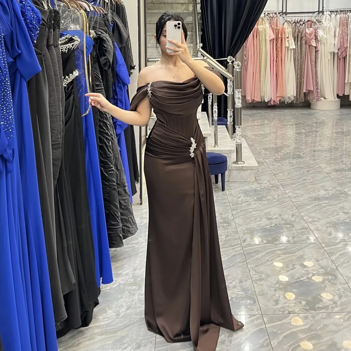 الشوكولاته فساتين لحضور الحفلات الموسيقية كريستال مغرفة عالية الجودة الساتان حورية البحر فساتين لحضور الحفلات الموسيقية مع الدانتيل حتى الظهر vestidos de fiesta de noche #2