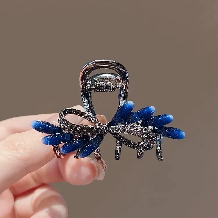 Fashionable Blue Rhinestone Butterfly Bow Hair Clip for Women - Delicate and Elegant for Side Swept Bangs, Small Shark Clip