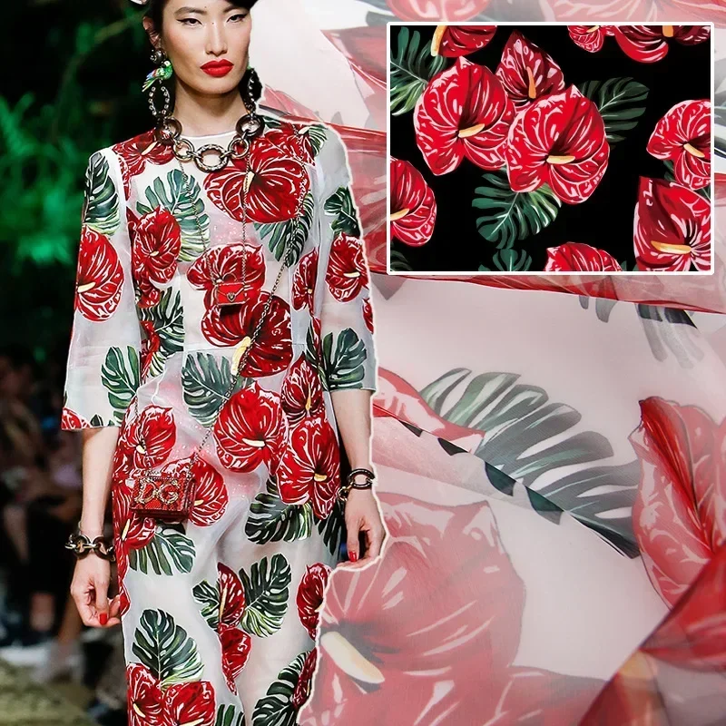 Spring and Summer Tropical Plant Organza Digital Printing Fabric Dress Red Goose Palm Anthurium Sewing Clothing Fabric Wholesale