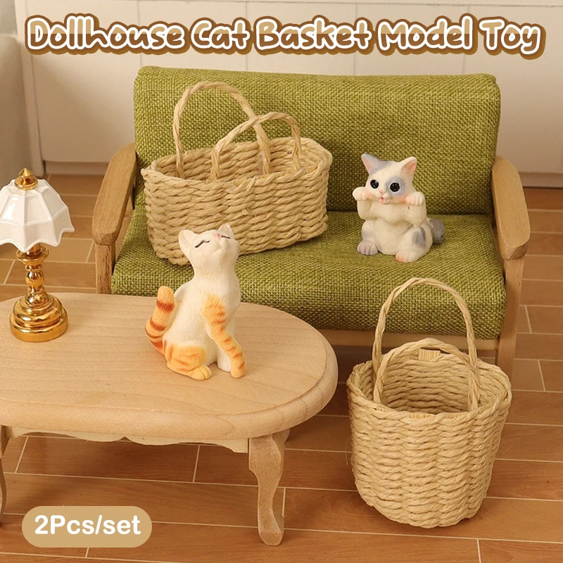 2Pcs/set 1:12 Dollhouse Miniature Kitten Woven Bread Basket Shopping Basket Hand-Woven Vegetable Basket Home Life Scenes Decor