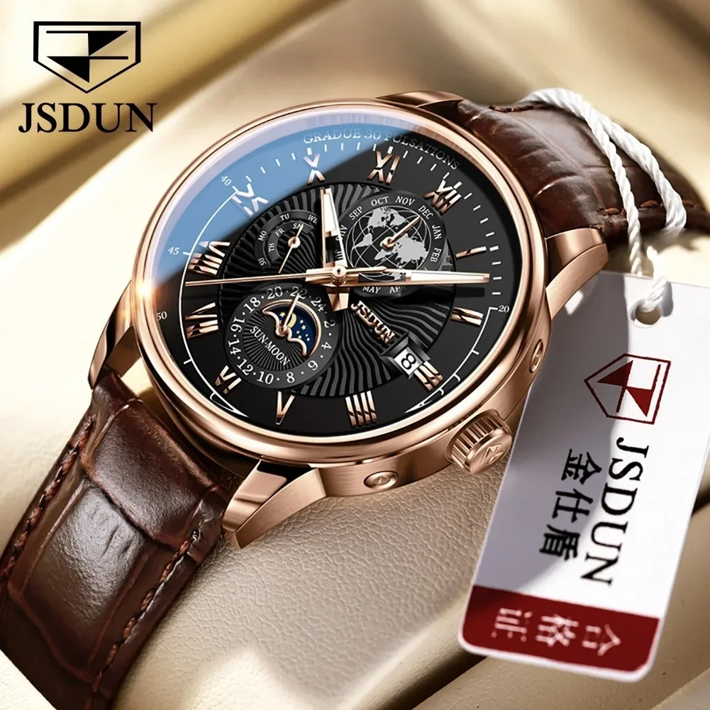 

JSDUN 8909 Casual Automatic Mechanical Watches For Men Waterproof Genuine Leather Strap Men Wristwatches Moon Phase Calendar