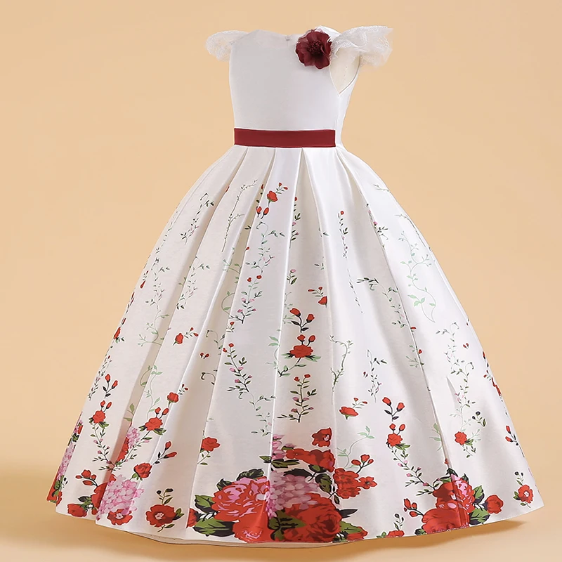 Summer Red Flower Kids Party Dress For Girls Children Costume Print Princess Dresses Girl Party Dress Vintage Gown 5-12Y