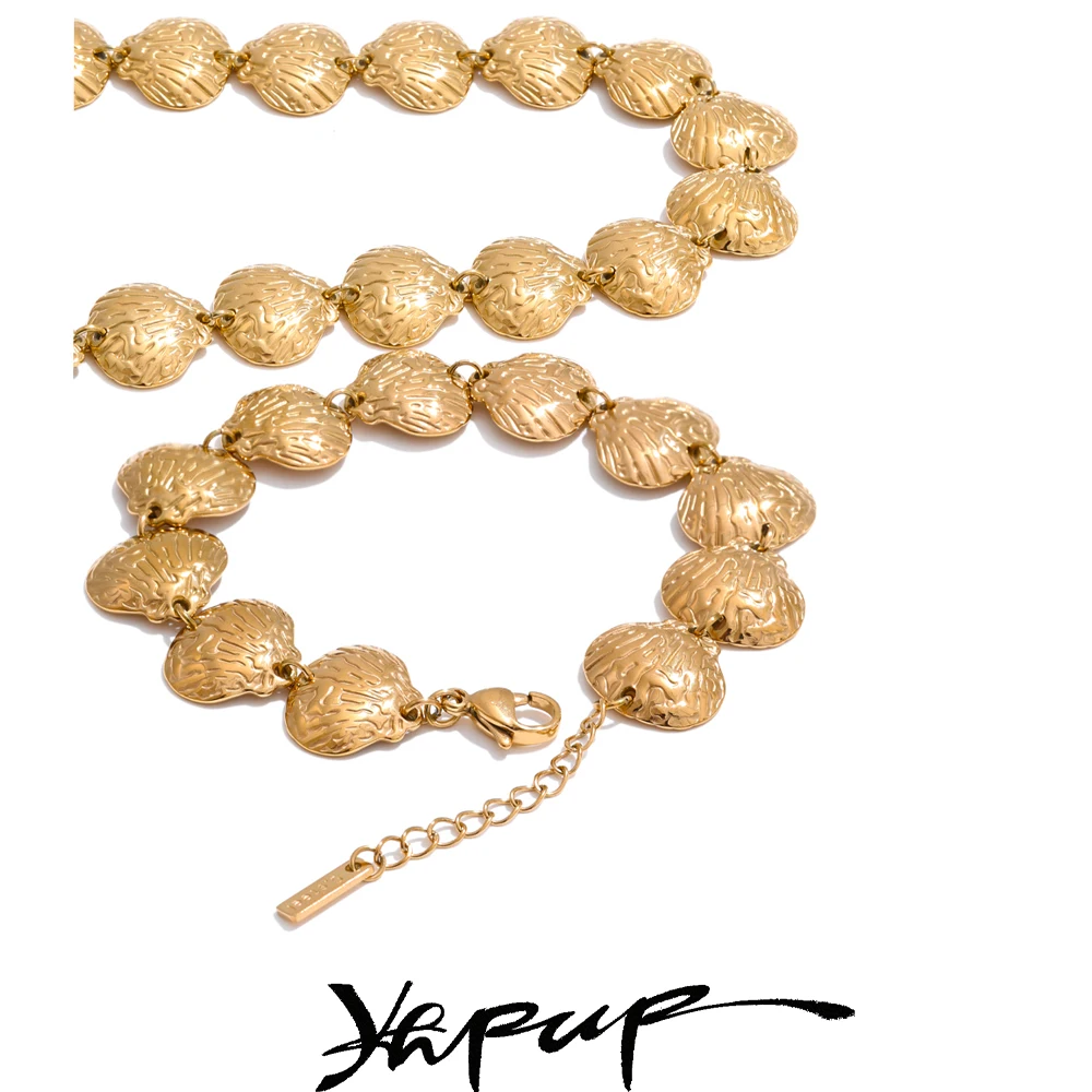 

Yhpup High Quality Metal Hammer Shell Chain Summer Bracelet Bangle Necklace Stainless Steel Trendy Vacation Ocean Jewelry Gift