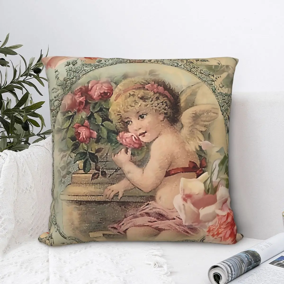 Victorian Angel Print And Pink Roses Polyester Cushion Cover For Livingroom Car Decorative Breathable Throw Pillowcase