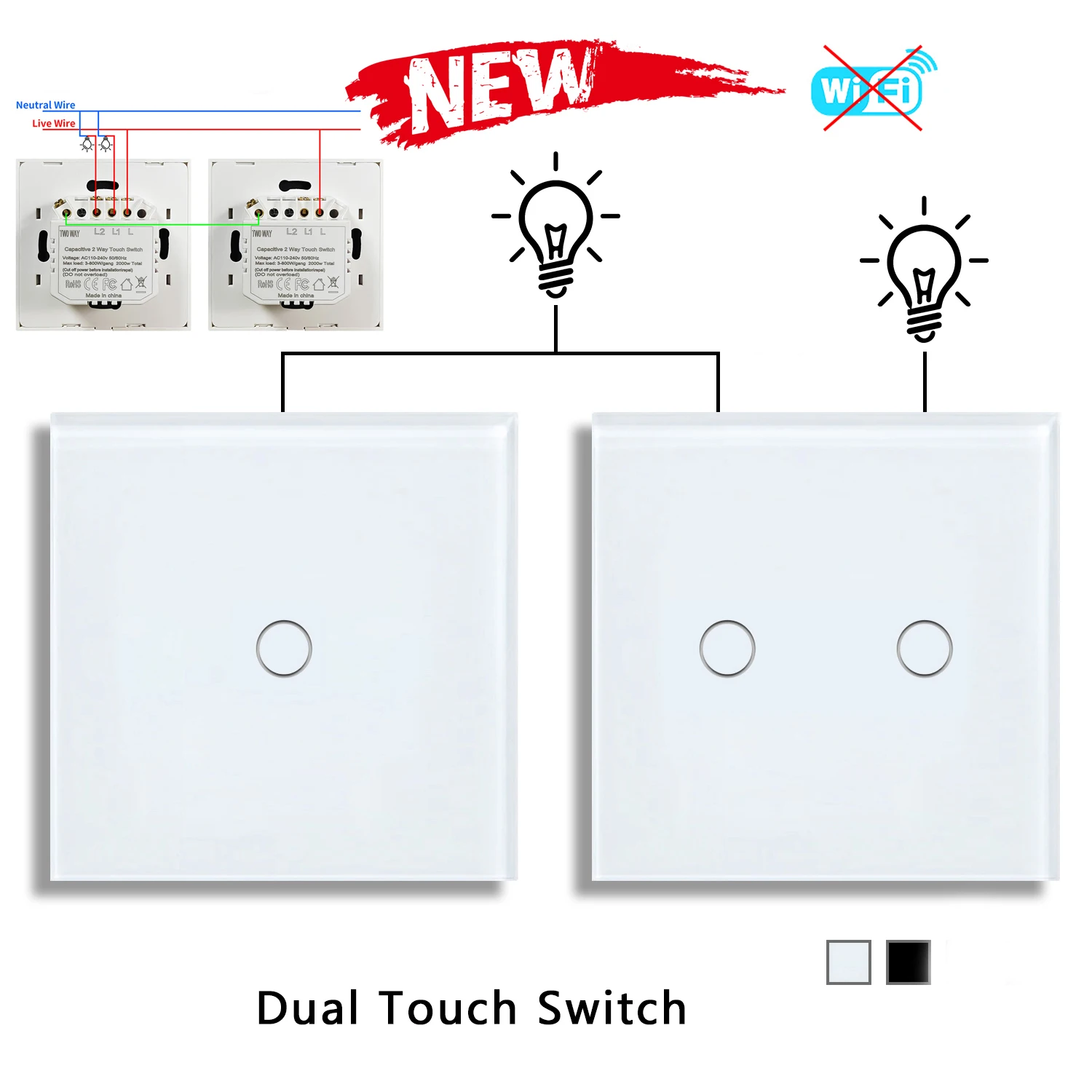 Two Way 1gang 2gang Wall Touch Dual Switch EU Standard Light Switch With Tempered Glass For Bedside Staircase No Wifi No RF433