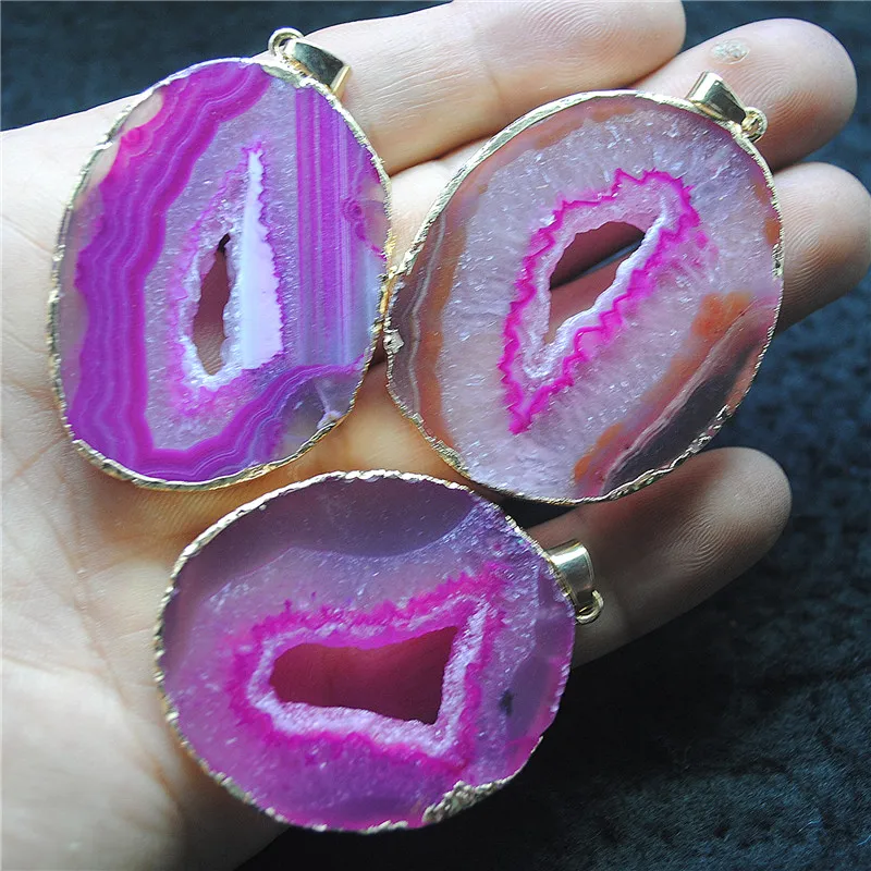 

3PCS Natural Raw Agate Stone Pendant With Cave Golden Colors 43X33MM Oval Shape DIY Jewelry Accessories Hot Sellings Free Ships