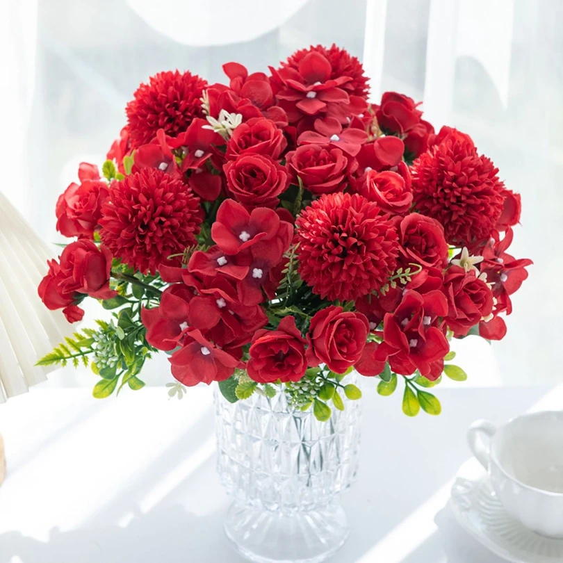 Seidenrose Chrysantheme Brautstrauß Künstliche Blumen Hochzeit Outdoor Garten Haus Schlafzimmer Dekor Kranz Feier Zubehör