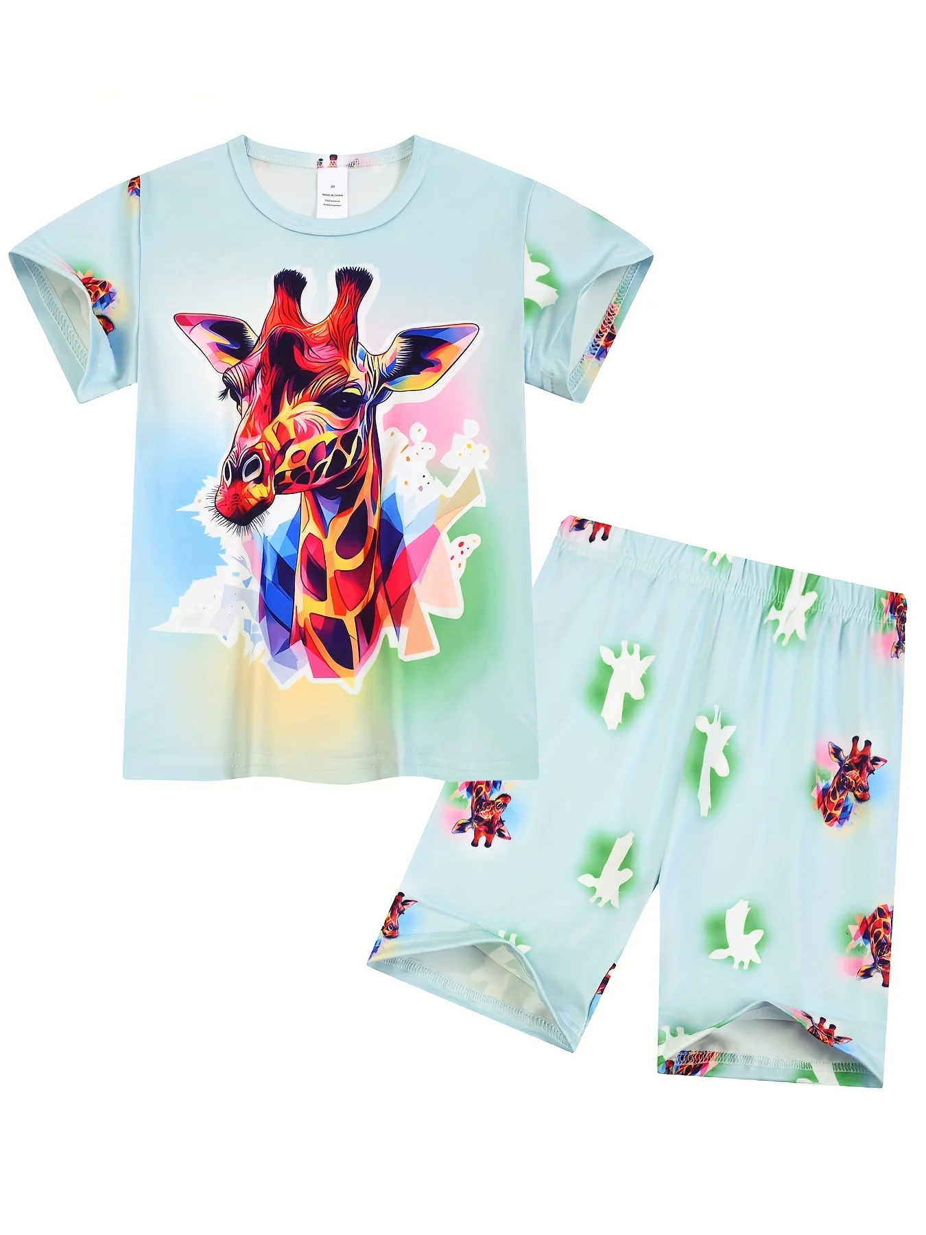 Spring/Summer Children's Short Sleeve Shorts Set with Giraffe Print Colorful Animal Style Breathable Comfortable Home Clothes
