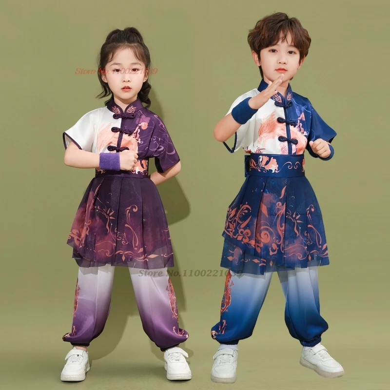 

2025 chinese children wushu kungfu set wushu kung fu clothing martial arts dragon print training exercise stage performance set