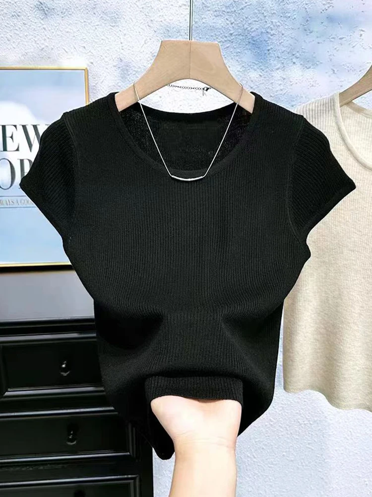 Black Short Sleeve T-shirt Women Knitted Tops Casual Basic O Neck Knit Tshirts Ladies Clothing Summer Fashion Woman Tee Shirts