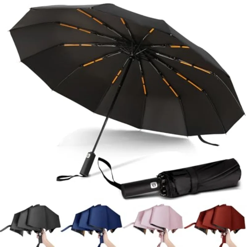 

12 Bone Black Glue Fully Automatic Umbrella With Thick And Durable Keel Three Fold Umbrella UV Resistant Folding Umbrella