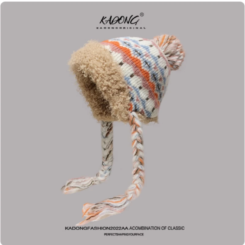 Новый этнический стиль, жаккардовый флисовый теплый пуловер из овечьей шерсти, женская осенне-зимняя уличная вязаная шапка-бомбер с защитой ушей