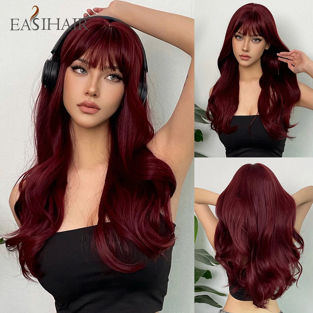 

EASIHAIR Long Wine Red Synthetic Wigs Women's with Bangs Wavy Natura Hair Wigs for Women Cosplay Party Wig Heat Resistant Fiber