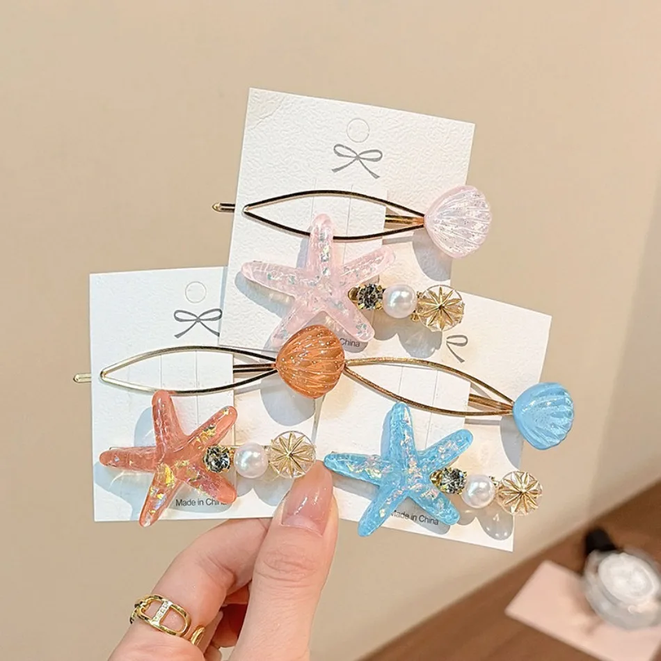 Girls Mermaid Blue Starfish Shell Pearl Hairpin Women Forehead Broken Hairpin Kids Bangs Side Clip Seaside Photo Headdress HP01
