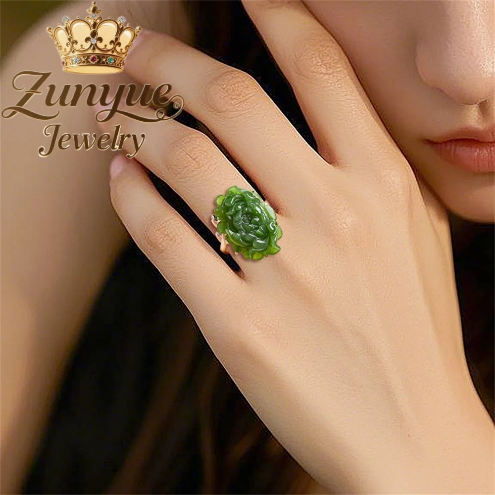 Natural Hetian Jade Jasper Spinach Green Lotus Open Ring S925 Silver Set Women's Ring Fashionable Band Adjustable Fine Jewelry view 4