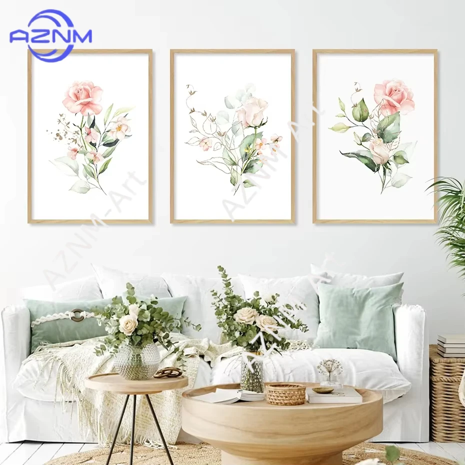 1PC ，Canvas Painting Posters Wall Art Prints Boho Watercolor Flowers Green Leaves Minimalist Picture Living Room Bedroom Home