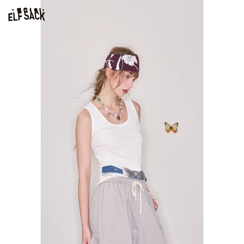 ELFSACK 2025 Spring New Arrivals Y2K Bowknot Print White Sleeveless Camisole Women