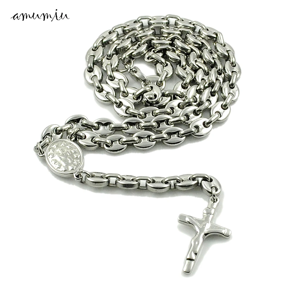 AMUMIU Romantic Rosary Beads Chain Necklace Stainless Steel Cross Pendant Religious Party Lover For Womens Mens HZN095