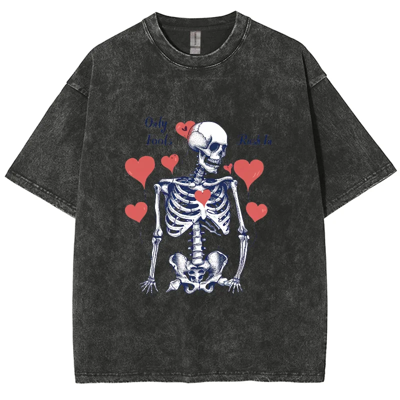 

Girly Y2K Skull Love Print Washed Denim Women's T-Shirt Cotton Oversized Short Sleeve Casual Fashion Cute Top Student Tee