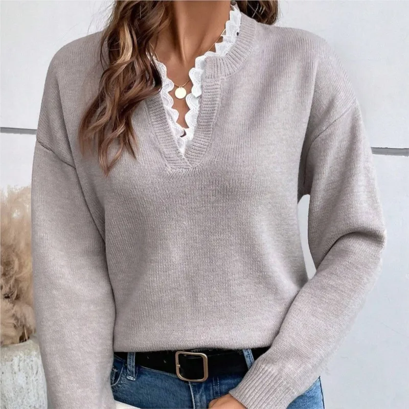 Women's Lace V-neck Long Sleeve Knitted Sweater Autumn Winter Warm Fashionable Solid Loose Knitwear for Women