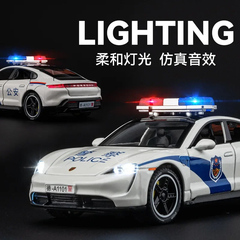 

1:32 Porsche Taycan police car Simulation Diecast Metal Alloy Model car Sound Light Pull Back Collection Kids Toy Gifts