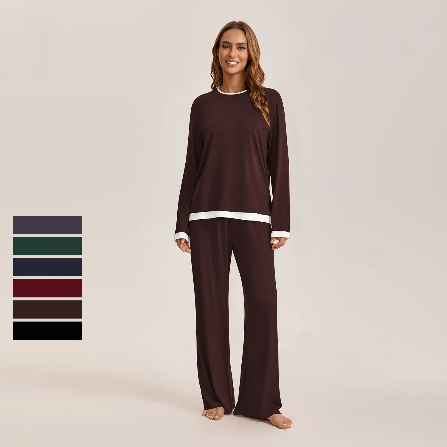 

Women's Modal Pajama Sets Long Sleeve Crew Neck Knit Tops & Pants 2-Piece Loungewear Casual Fall Sleepwear
