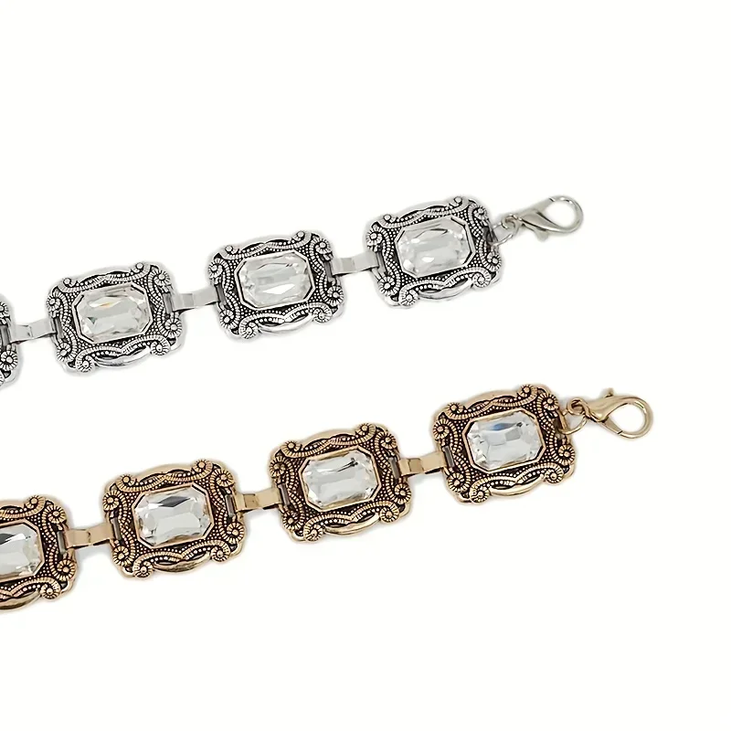 Boho Engraved Metal Chain Belt Rhinestone Inlaid Vintage Waist Chain Women\'s Coat Dress Tassel Chain Accessories